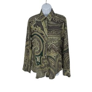 Linda Allard Ellen Tracy Women Green Brown Paisley Shirt Blouse 100% Silk Sz 10